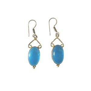 Vintage Oval Cut Blue Agate Dangle Earrings Sterling Silver 925 Hook